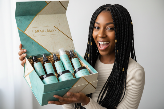 Box of braid care hair products. Lady with braids excited while holding the box.