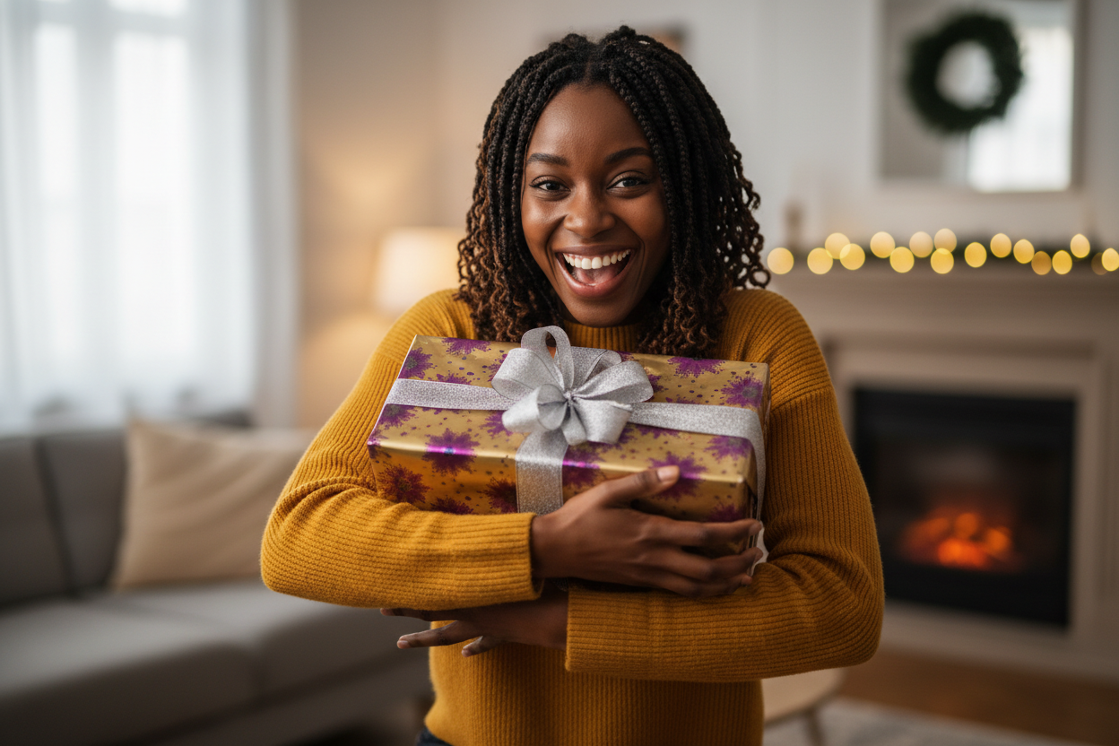 excited black woman holding a mystery box as a gift